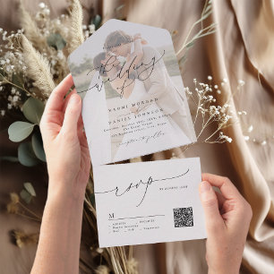 Minimalist Modern Chic Script Elegant Wedding All In One Invitation
