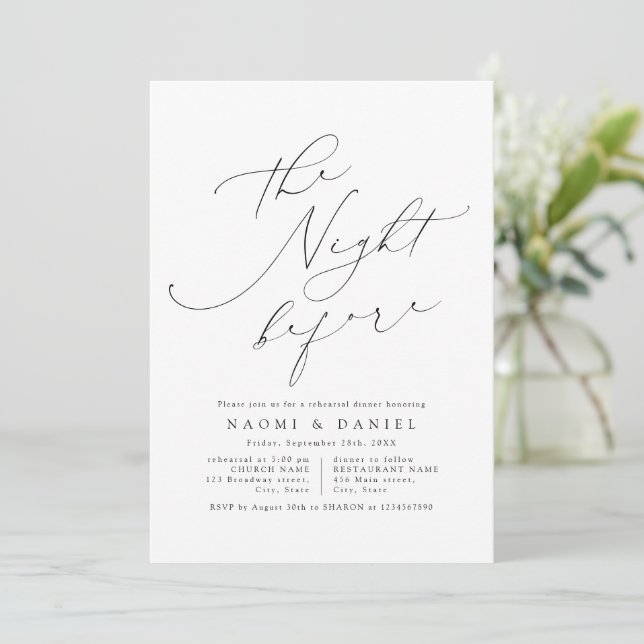 Minimalist Modern Chic Script Rehearsal Dinner Invitation (Standing Front)