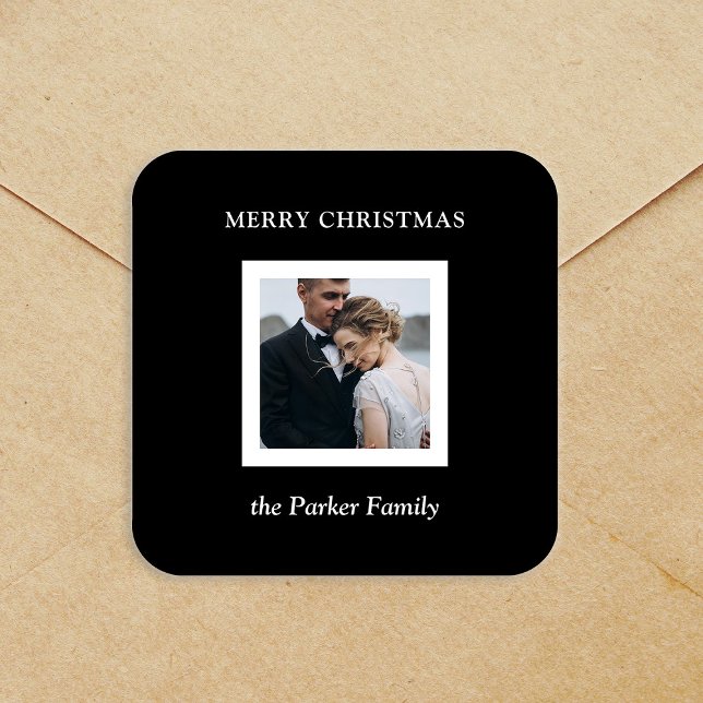 Minimalist Modern Christmas Black with Photo Square Sticker (Creator Uploaded)