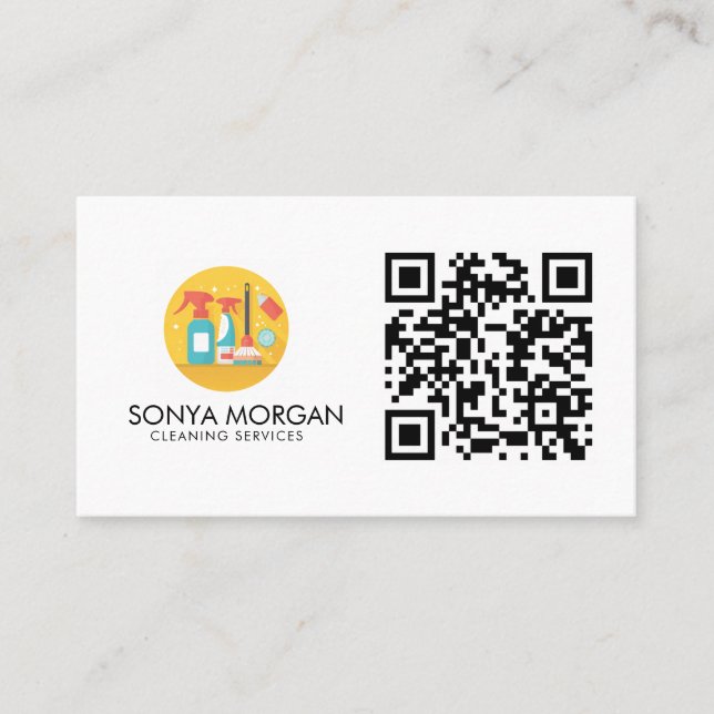 Minimalist Modern Cleaning Services QR Code  Business Card (Front)