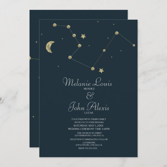 Minimalist Modern Constellation Gold Foil Wedding Invitation (Front/Back)