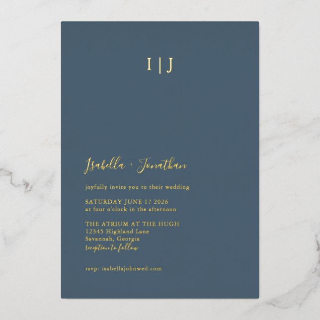 Minimalist Modern Dark Dusty Blue Wedding Gold  (Front)