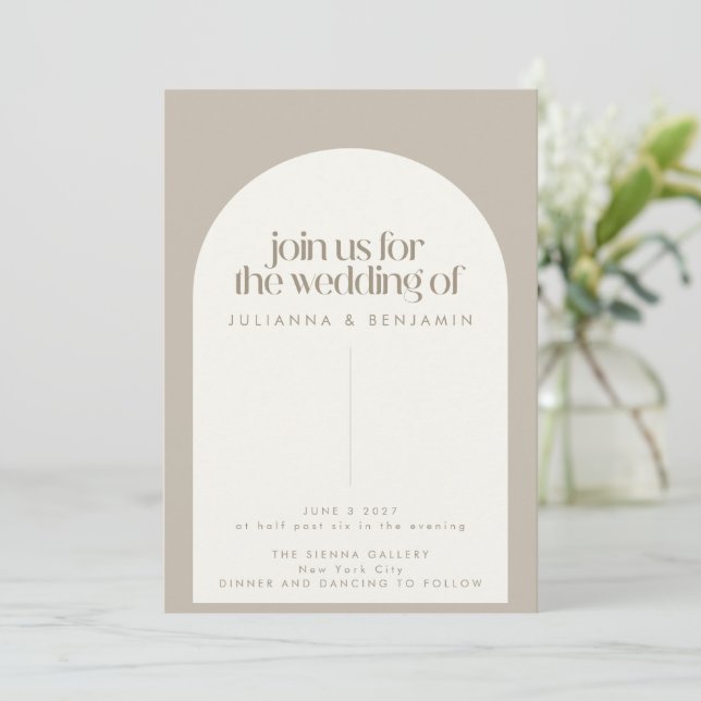 Minimalist Modern Elegant Arch Taupe Brown Wedding Invitation (Standing Front)