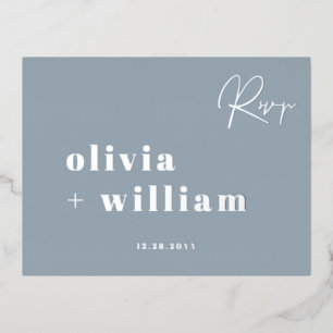 Minimalist Modern Elegant Dusty Blue Silver RSVP Foil Invitation Postcard