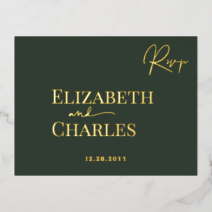 Minimalist Modern Elegant Green Gold Wedding RSVP Foil Invitation Postcard