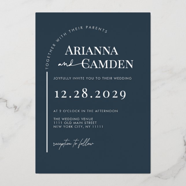 Minimalist Modern Elegant Navy Blue Silver Wedding (Front)