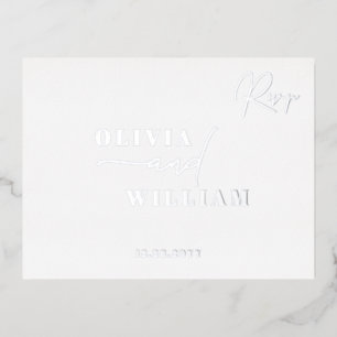 Minimalist Modern Elegant White Silver RSVP Foil Invitation Postcard
