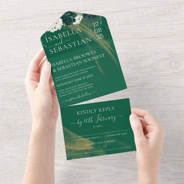 Minimalist Modern Emerald Green Rose All In One All In One Invitation (Tearaway)