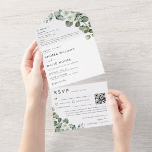 Minimalist Modern Eucalyptus RSVP QR Code Wedding All In One Invitation