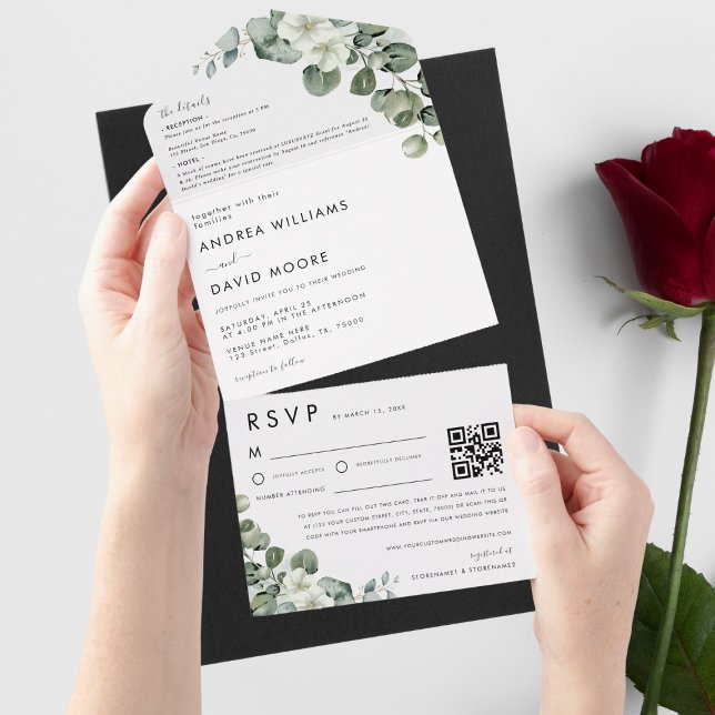 Minimalist Modern Eucalyptus RSVP QR Code Wedding All In One Invitation (Creator Uploaded)