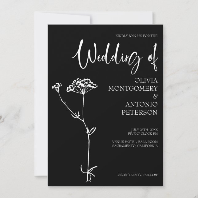 Minimalist Modern Floral Black and White Wedding  Invitation (Front)