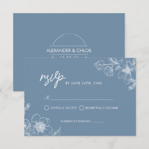 Minimalist Modern Floral Botanical Blue Wedding RSVP Card