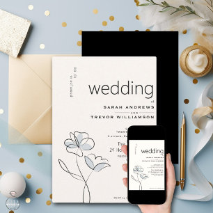 Minimalist Modern Floral Dusty Blue and Buff   Invitation
