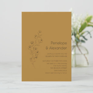 Minimalist Modern Floral Sketch Mustard Wedding Invitation