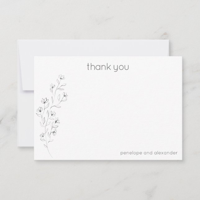 Minimalist Modern Floral Sketch Wedding Custom Thank You Card (Front)