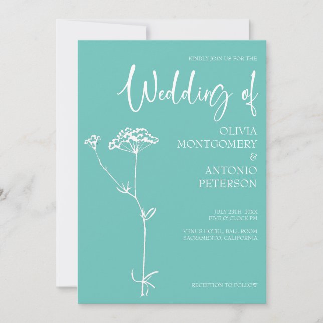 Minimalist Modern Floral Turquoise Wedding  Invitation (Front)