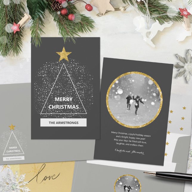 Minimalist Modern Glitter Star Photo Holiday Card (Minimalist Glitter Star Dark Gray Photo Christmas Holiday Card ©Susanne Sachers - Sunny Mind 🌞)
