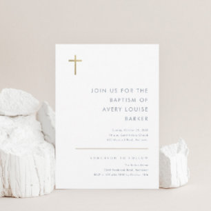 Minimalist Modern Gold Cross Baptism Invitation
