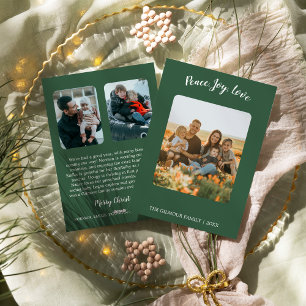 Minimalist Modern Green 3Photo Peace Joy Love News Holiday Card