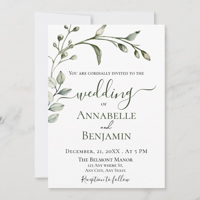 Minimalist Modern Green and White Floral Wedding Invitation (Front)