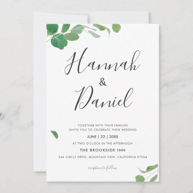 Minimalist Modern Green Leaves Custom Wedding Invitation (Front)