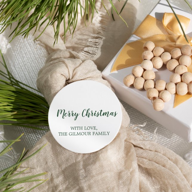 Minimalist Modern Green Merry Christmas Gift Classic Round Sticker (Creator Uploaded)
