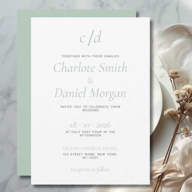 Minimalist modern green white wedding invitation (Creator Uploaded)