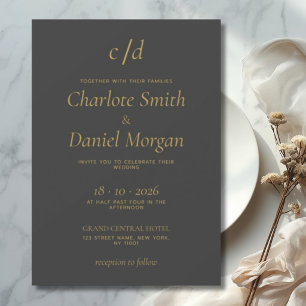 Minimalist modern grey gold wedding invitation