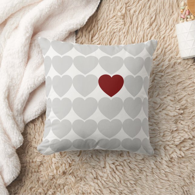 Minimalist Modern Grey & Red Hearts Cushion (Blanket)
