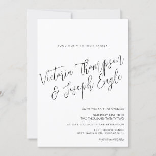 Minimalist Modern Hand Script Black White Wedding  Invitation