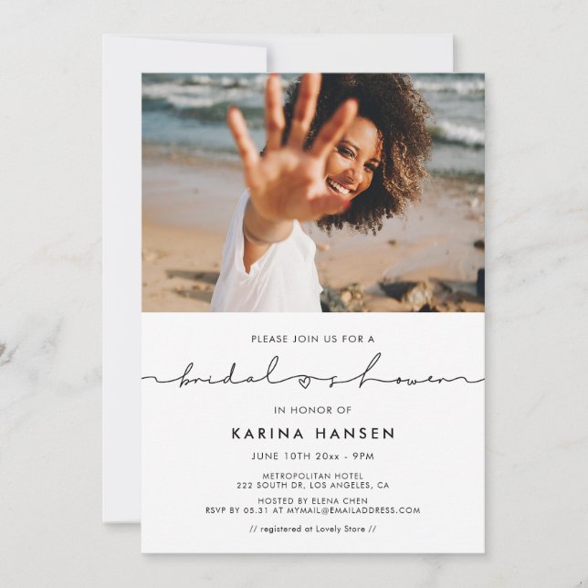 Minimalist modern handwritten bridal shower photo invitation (Front)