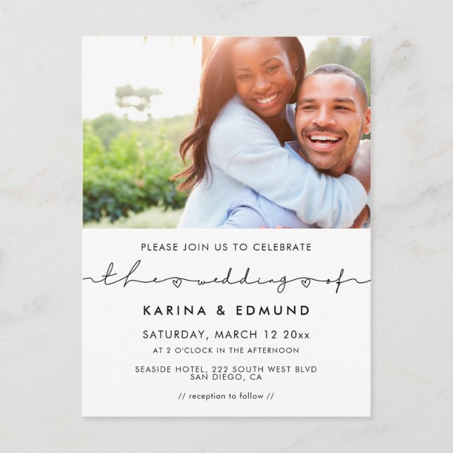 Minimalist modern handwritten wedding invitation postcard (Front)
