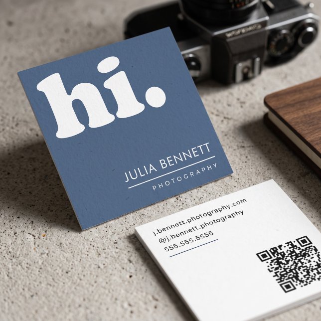 Minimalist Modern "Hi" Square Business Card (Simulated business cards on table)