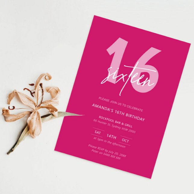 Minimalist Modern Hot Pink 16th Birthday Party Invitation (Creator Uploaded)