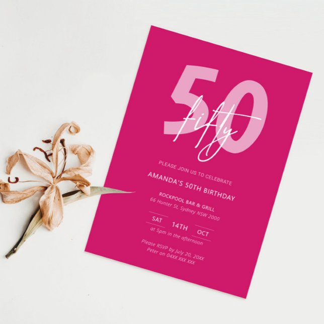 Minimalist Modern Hot Pink 50th Birthday Party Invitation (Creator Uploaded)