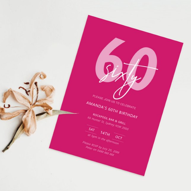 Minimalist Modern Hot Pink 60th Birthday Party Invitation (Creator Uploaded)