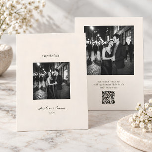 Minimalist Modern Ivory Script Photo QR Wedding Save The Date
