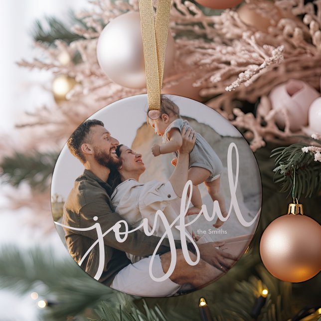 Minimalist Modern Joyful Script 1 Photo Ceramic Tree Decoration (Creator Uploaded)