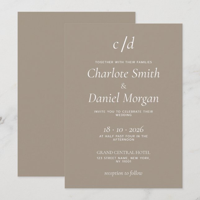 Minimalist modern light brown wedding invitation (Front/Back)