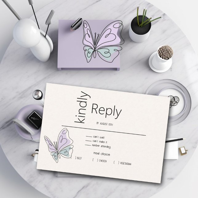 Minimalist Modern Lilac and Dusty Blue Butterfly RSVP Card (Creator Uploaded)
