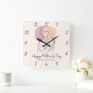 Minimalist Modern Line Art Mum & Baby Mother’s Day Square Wall Clock