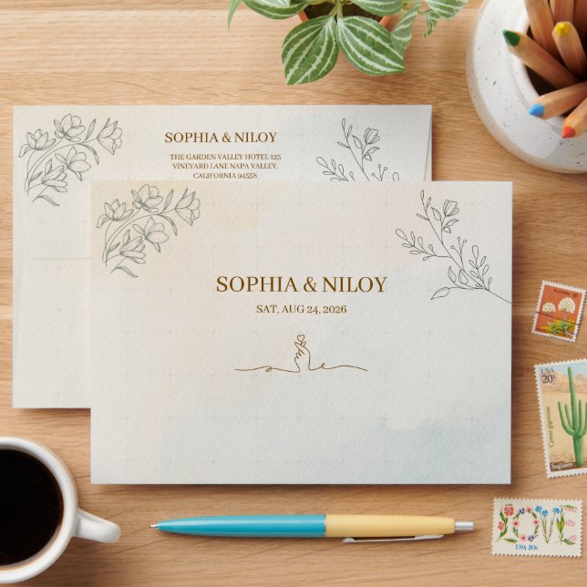 Minimalist Modern Line art Wedding Envelope (Desk)