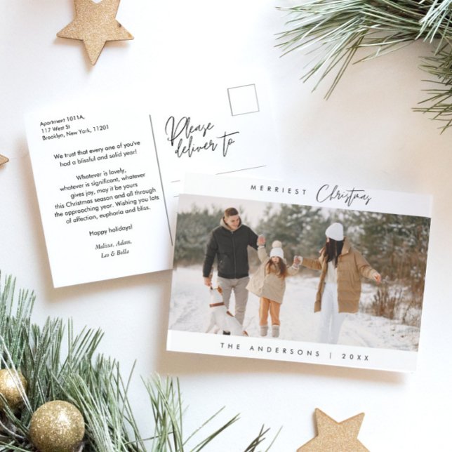 Minimalist Modern Merriest Christmas Family Photo Holiday Postcard (Creator Uploaded)