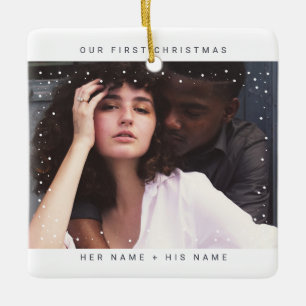 Minimalist Modern   Merry and Married Snow Photo Ceramic Ornament