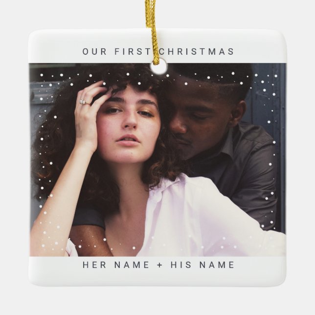 Minimalist Modern | Merry and Married Snow Photo Ceramic Ornament (Front)