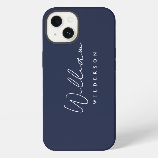 Minimalist Modern Monogram Custom Script Navy Blue iPhone Case (Back)