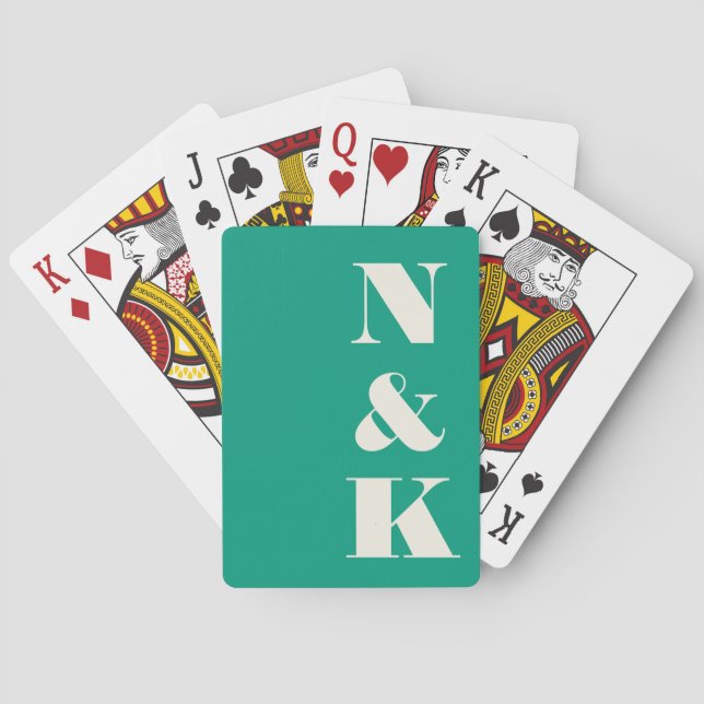 Minimalist Modern Monogram Emerald Green Wedding Playing Cards (Back)