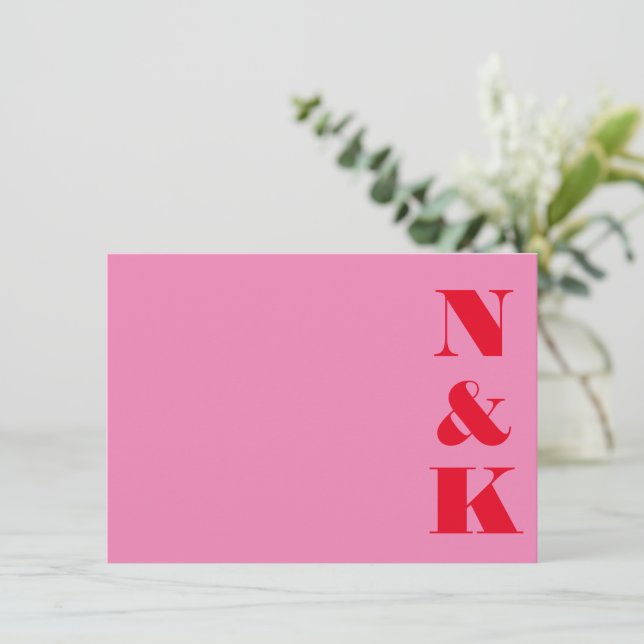 Minimalist Modern Monogram Pink and Red Wedding Card (Standing Front)