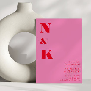 Minimalist Modern Monogram Pink Red Bold Wedding Save The Date