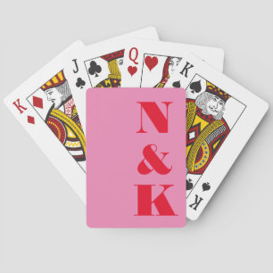 Minimalist Modern Monogram Pink Red Custom Wedding Playing Cards